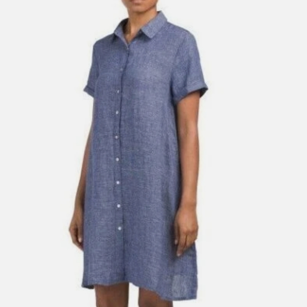 TAHARI Shirt Dress Linen A Line Collared Swing Button Down Size S *AF-1646